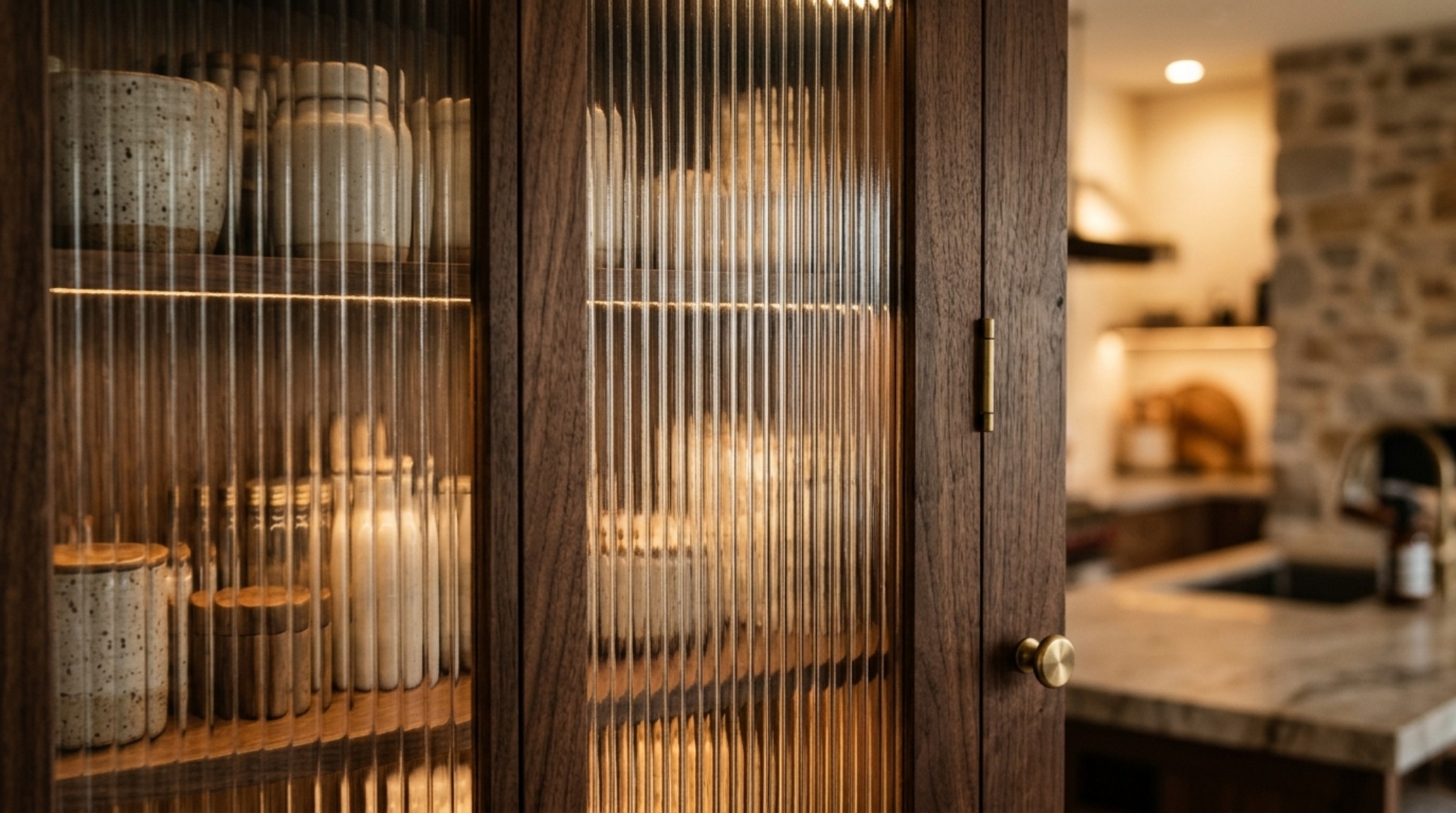 Detail shot of fluted glass pantry doors with walnut frames, reflecting soft ambient light in a luxury pantry design. Detail shot of fluted glass pantry doors with walnut frames, reflecting soft ambient light in a luxury pantry design.