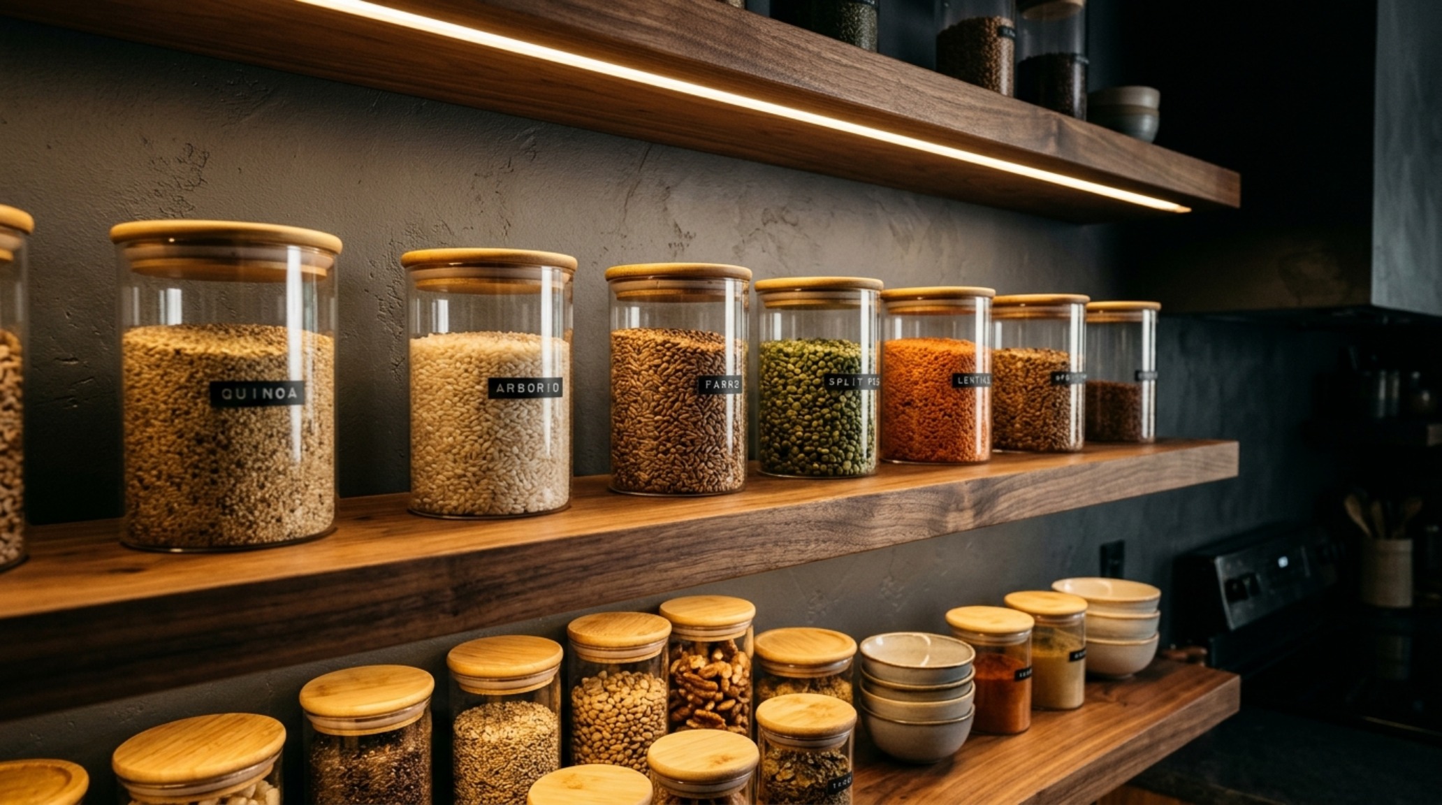 Under-shelf 2700K LED lighting illuminating a curated selection of glass jars on walnut shelves, showcasing professional pantry storage solutions. Under-shelf 2700K LED lighting illuminating a curated selection of glass jars on walnut shelves, showcasing professional pantry storage solutions.