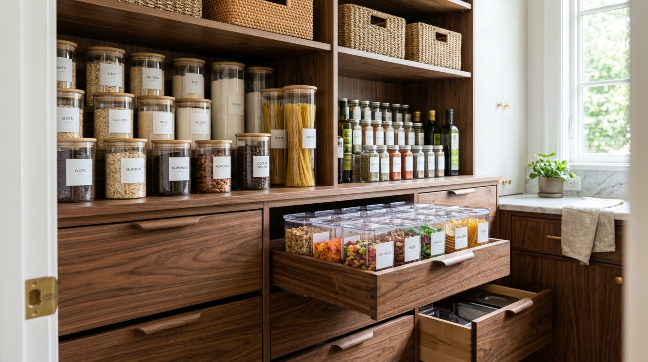 A minimalist small pantry layout using pull-out walnut drawers and clear acrylic bins for an organized, high-end look in a compact kitchen. A minimalist small pantry layout using pull-out walnut drawers and clear acrylic bins for an organized, high-end look in a compact kitchen.