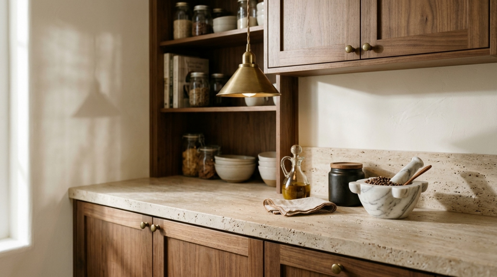 Close-up of a honed travertine pantry countertop used as a decanting station, surrounded by rift-sawn oak accents and architectural lighting. Close-up of a honed travertine pantry countertop used as a decanting station, surrounded by rift-sawn oak accents and architectural lighting.