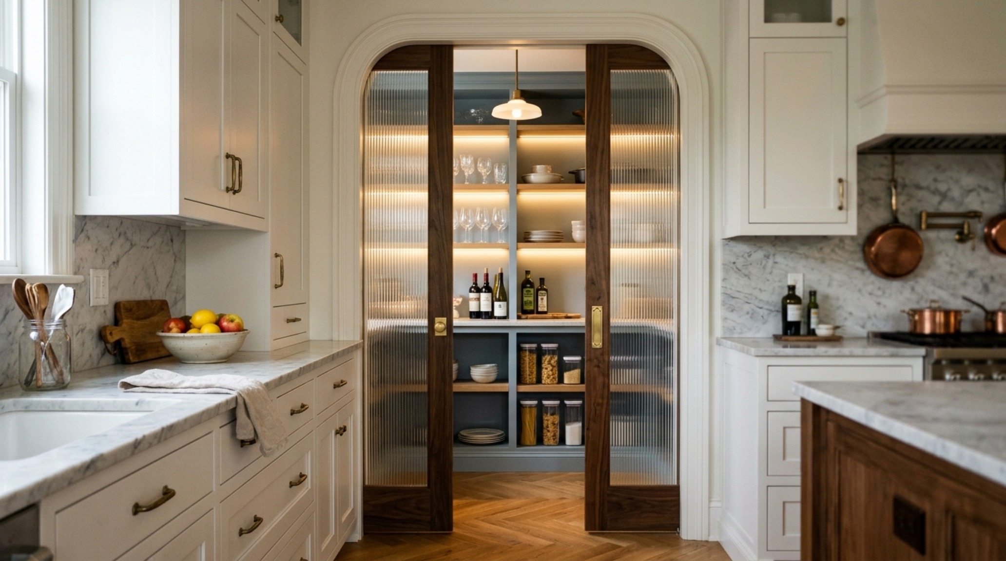 A hidden butler's pantry featuring floor-to-ceiling fluted glass cabinets and integrated brass hardware for a seamless, luxurious aesthetic. A hidden butler's pantry featuring floor-to-ceiling fluted glass cabinets and integrated brass hardware for a seamless, luxurious aesthetic.