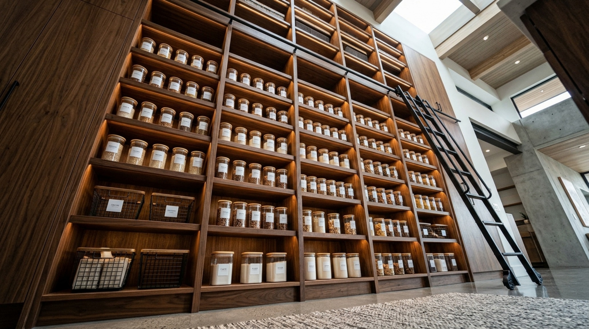 Innovative pull-out pantry shelf systems in a narrow walk-in, maximizing every inch of a small kitchen footprint with ergonomic walnut drawers. Innovative pull-out pantry shelf systems in a narrow walk-in, maximizing every inch of a small kitchen footprint with ergonomic walnut drawers.