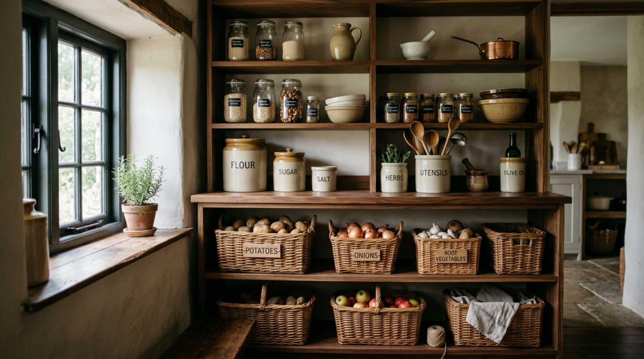 Natural morning light hitting a minimalist pantry setup with wicker baskets and stoneware crocks, embodying the 2025 Organic Modern trend. Natural morning light hitting a minimalist pantry setup with wicker baskets and stoneware crocks, embodying the 2025 Organic Modern trend.