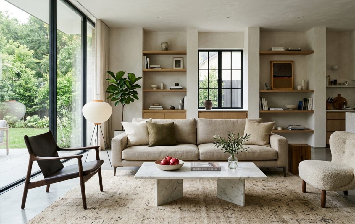 contemporary furniture arrangement rules applied to a mid-century modern seating group with 18-inch coffee table clearance and 36-inch walkways
