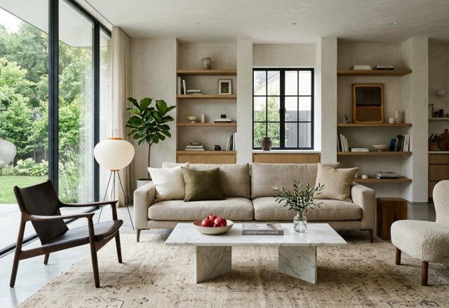 contemporary furniture arrangement rules applied to a mid-century modern seating group with 18-inch coffee table clearance and 36-inch walkways