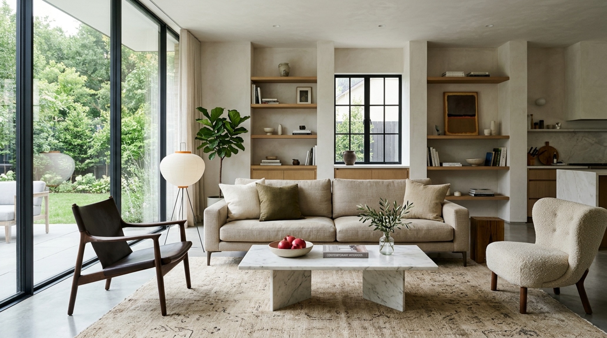 contemporary furniture arrangement rules applied to a mid-century modern seating group with 18-inch coffee table clearance and 36-inch walkways contemporary furniture arrangement rules applied to a mid-century modern seating group with 18-inch coffee table clearance and 36-inch walkways
