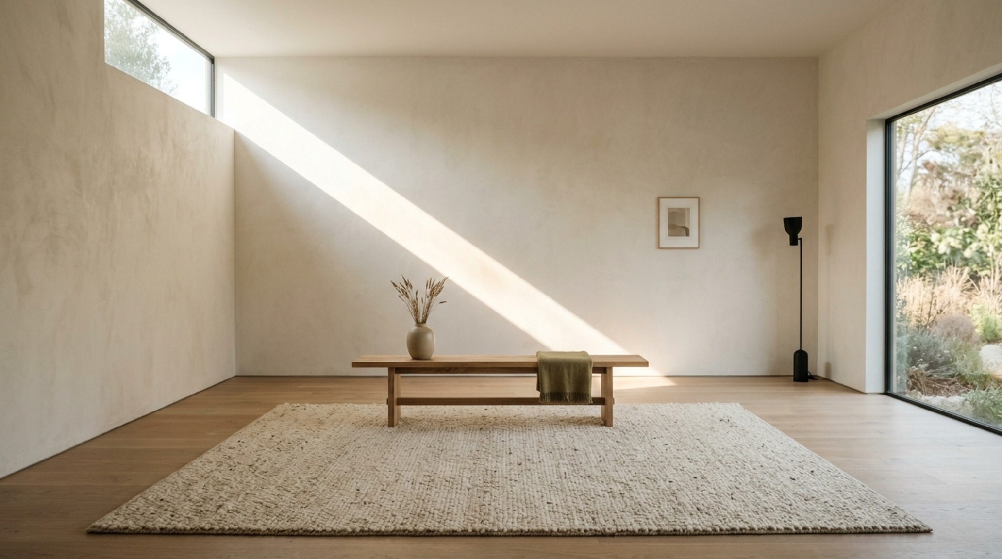minimalist living room decor trends focusing on tactile grounding with a large jute area rug and sculptural oak lounge chair minimalist living room decor trends focusing on tactile grounding with a large jute area rug and sculptural oak lounge chair
