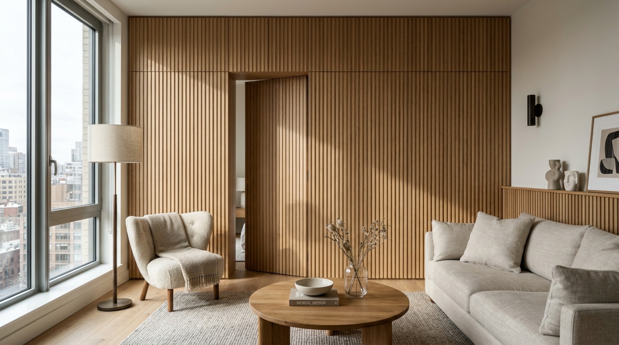 small living room storage solutions featuring custom floor-to-ceiling white oak cabinetry with integrated hardware and fluted detail small living room storage solutions featuring custom floor-to-ceiling white oak cabinetry with integrated hardware and fluted detail
