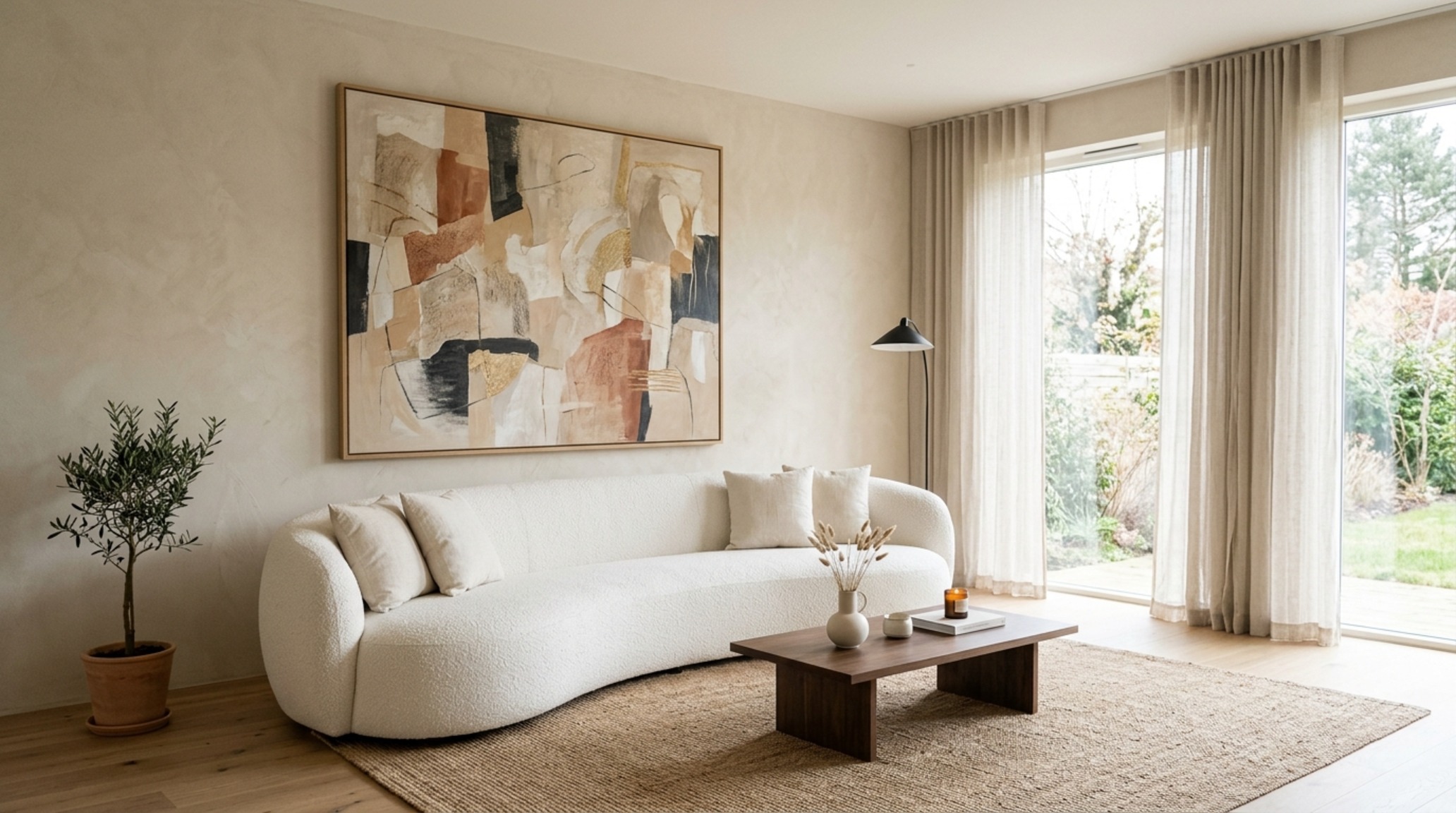 minimalist living room decor trends highlighted by a neutral limewash wall, a single oversized bouclé sofa, and negative space geometry minimalist living room decor trends highlighted by a neutral limewash wall, a single oversized bouclé sofa, and negative space geometry