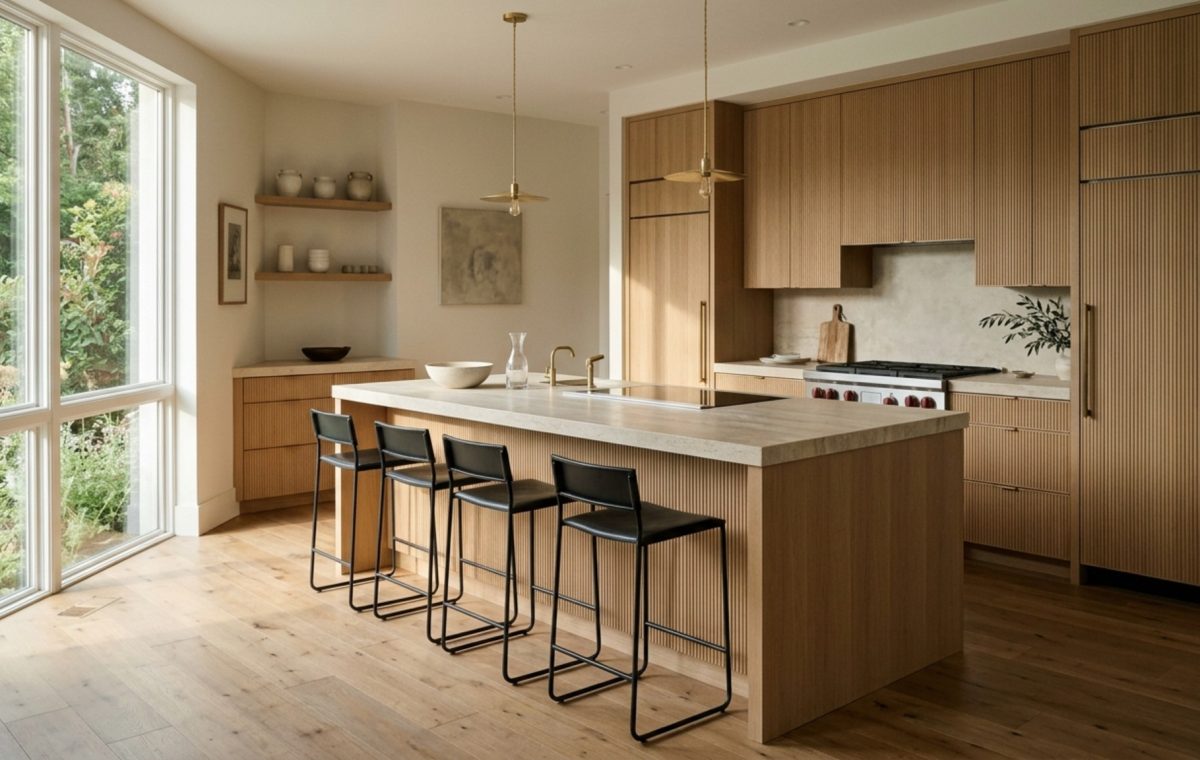 how to design a house layout featuring a professional kitchen with 42-inch clearances and a strategic wet wall plumbing stack