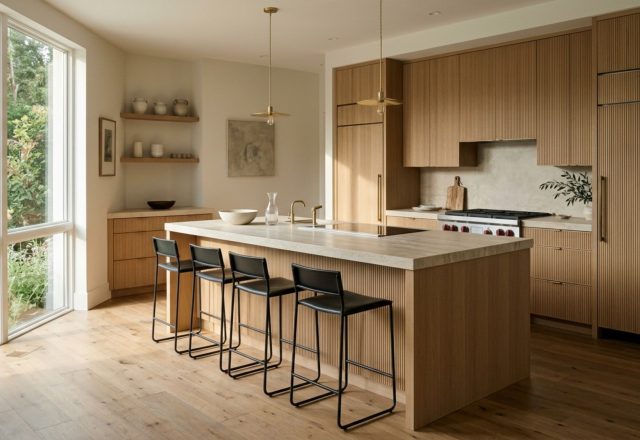 how to design a house layout featuring a professional kitchen with 42-inch clearances and a strategic wet wall plumbing stack