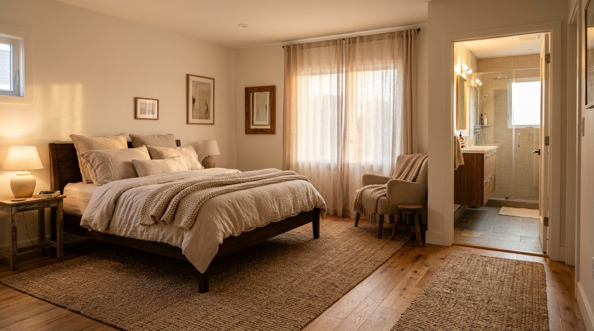 architectural spatial flow rules in a master bedroom layout emphasizing the 36-inch path to the ensuite and tactile grounding architectural spatial flow rules in a master bedroom layout emphasizing the 36-inch path to the ensuite and tactile grounding