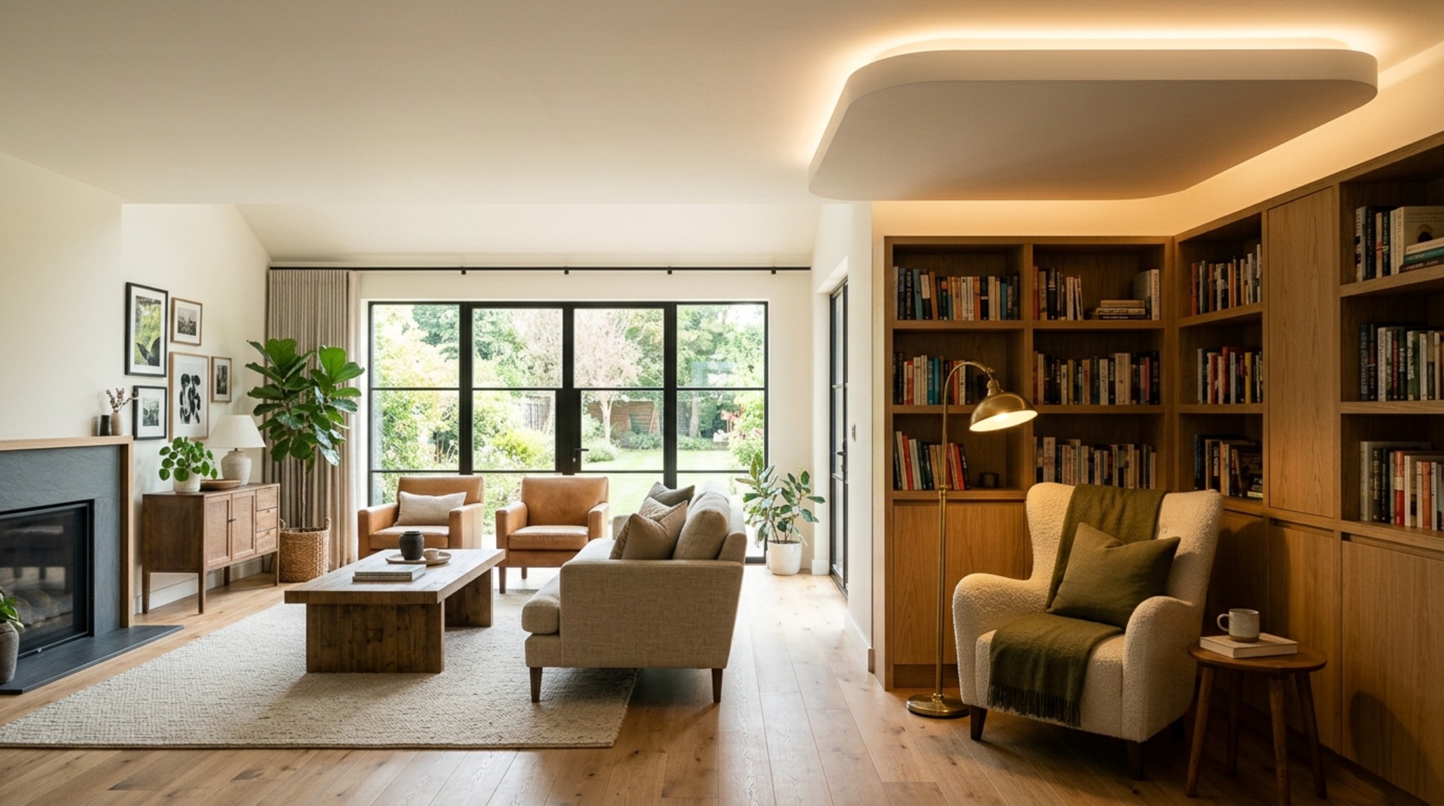 modern house zoning strategies using ceiling height variations and 2700K lighting to separate an open-plan lounge from a library modern house zoning strategies using ceiling height variations and 2700K lighting to separate an open-plan lounge from a library