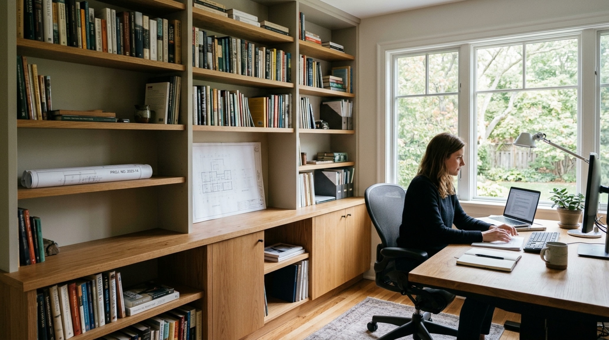 DIY house architecture blueprint showing a technical home office setup with 24-inch desk depth and integrated architectural lighting DIY house architecture blueprint showing a technical home office setup with 24-inch desk depth and integrated architectural lighting