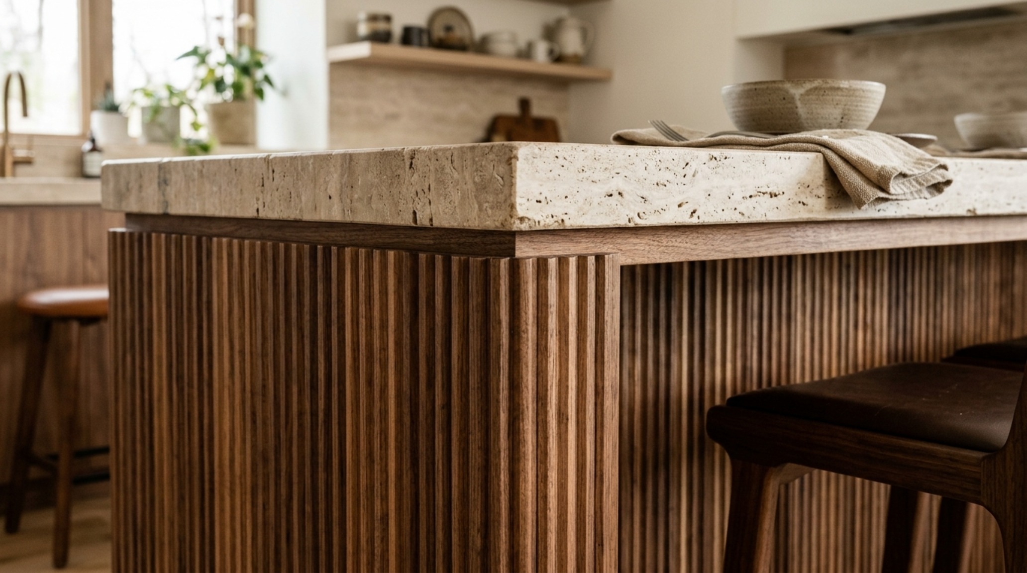 how to design a house layout with a centralized kitchen island made of honed travertine and fluted wood cabinetry how to design a house layout with a centralized kitchen island made of honed travertine and fluted wood cabinetry