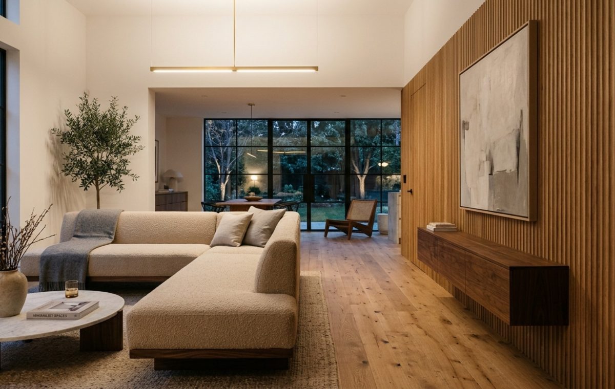 browser-based 3D room planner showing a 36-inch walkway clearance in a minimalist living room with a mid-century lounge chair and natural sunlight.