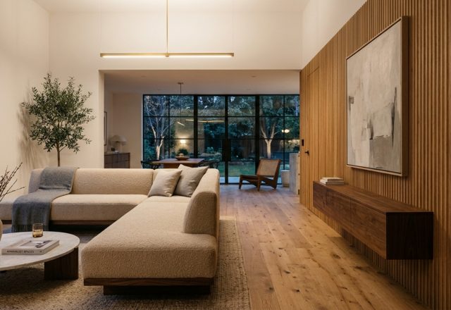 browser-based 3D room planner showing a 36-inch walkway clearance in a minimalist living room with a mid-century lounge chair and natural sunlight.