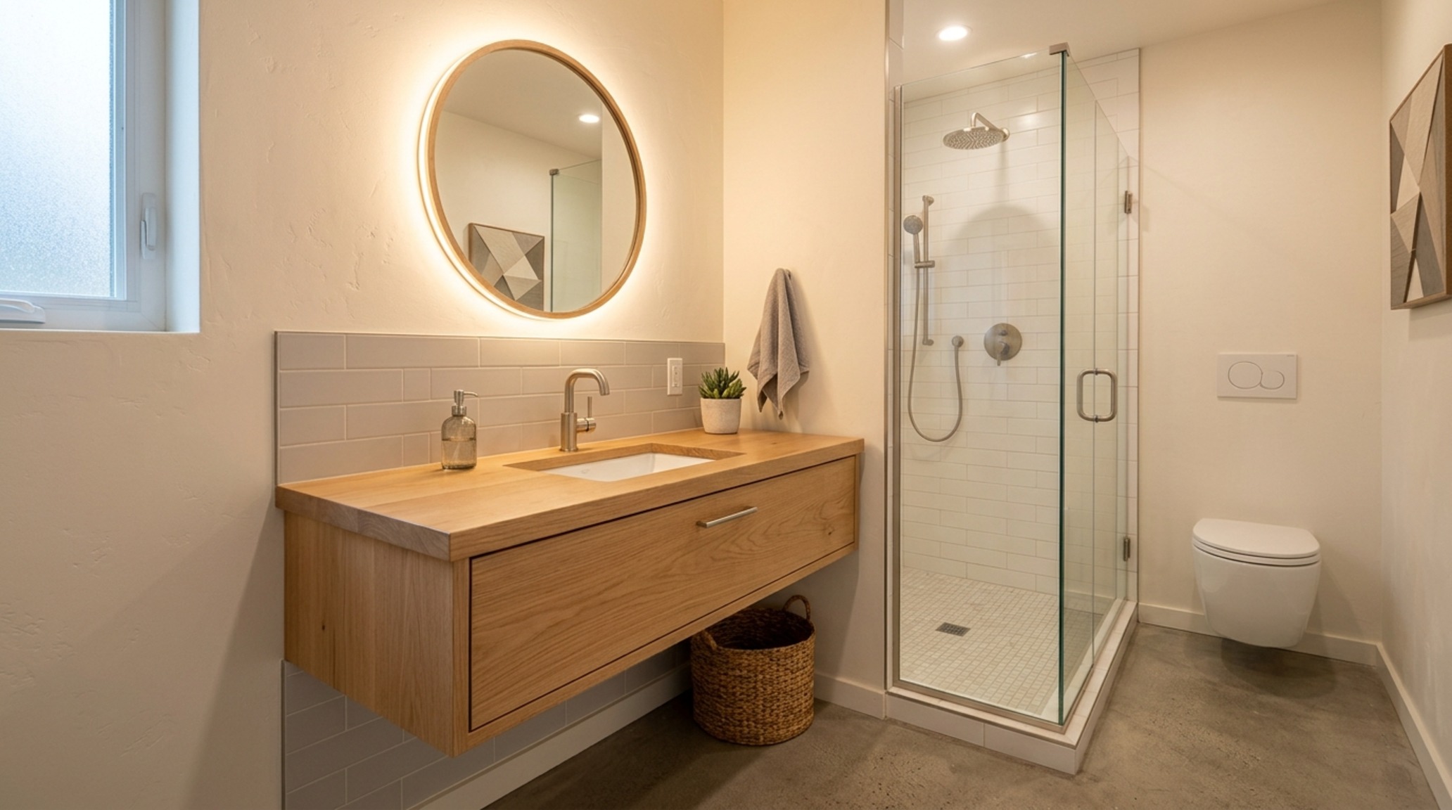 best free home design app for beginners illustrating a small bathroom layout with a floating vanity and 18-inch clearance to the shower door.