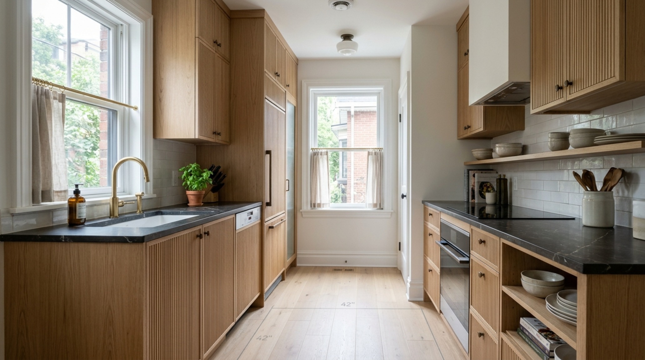 free kitchen layout tool with measurements applied to a galley kitchen featuring fluted white oak cabinetry and integrated appliances.