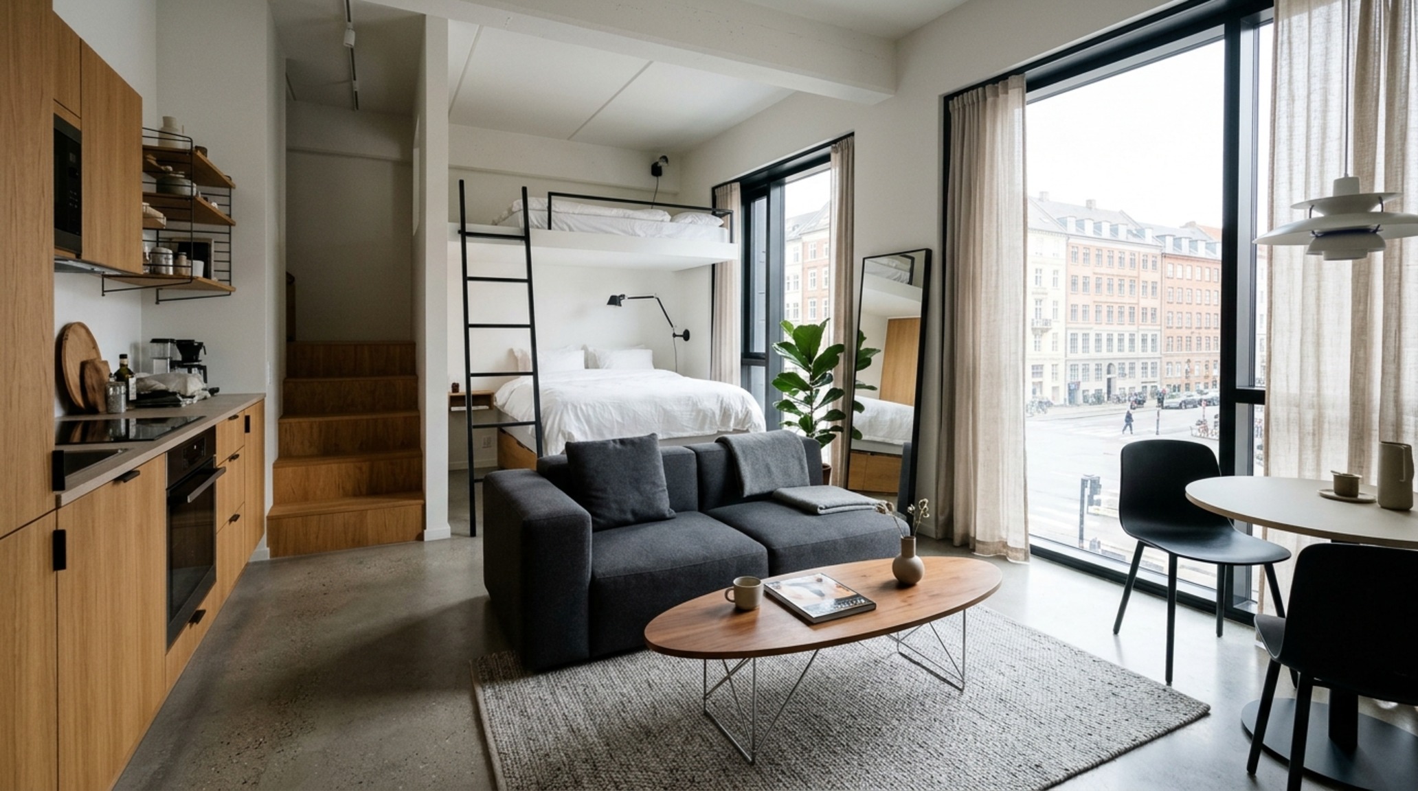 free interior design software with real furniture brands used to scale a low-profile sectional sofa and travertine coffee table in a small apartment.