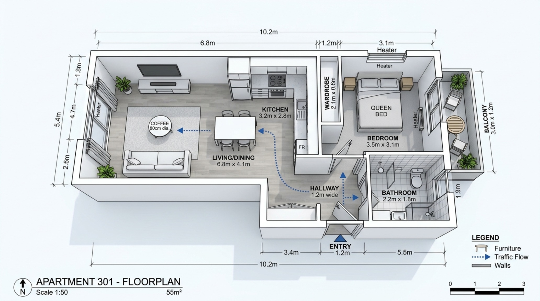 best free home design app for beginners displaying a top-down technical floorplan with precise furniture dimensions and traffic flow arrows.