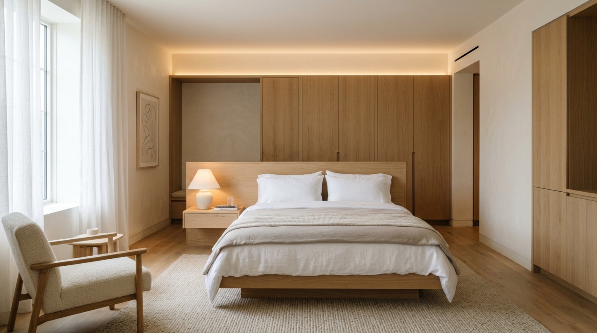 browser-based 3D room planner visualizing a compact bedroom with a built-in platform bed and 30-inch nightstand clearance.
