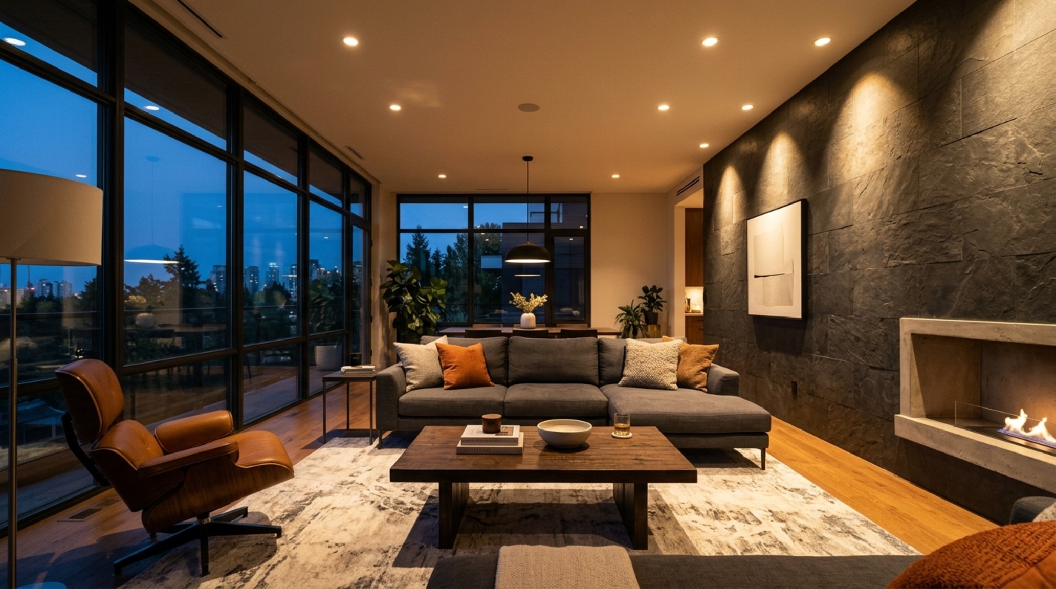 AI home renovation visualizer free demonstrating the effect of 3000K task lighting on a dark slate charcoal accent wall.