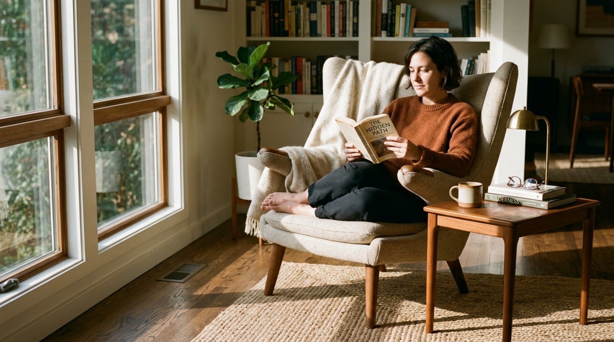 free interior design software with real furniture brands featuring a curated vignette of a Wegner-style chair and a minimal floor lamp.