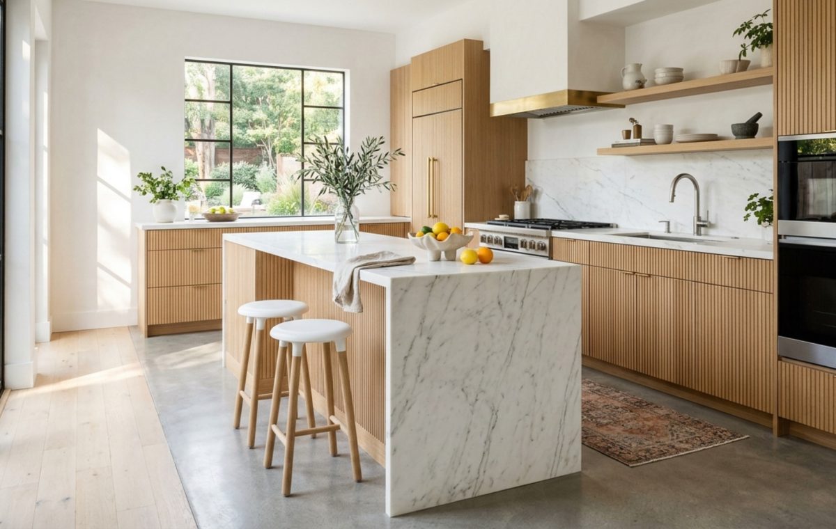 Kitchen island clearance showing 48-inch walkways in a luxury kitchen with white oak cabinetry and honed marble surfaces.