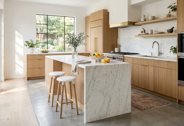 Kitchen island clearance showing 48-inch walkways in a luxury kitchen with white oak cabinetry and honed marble surfaces.