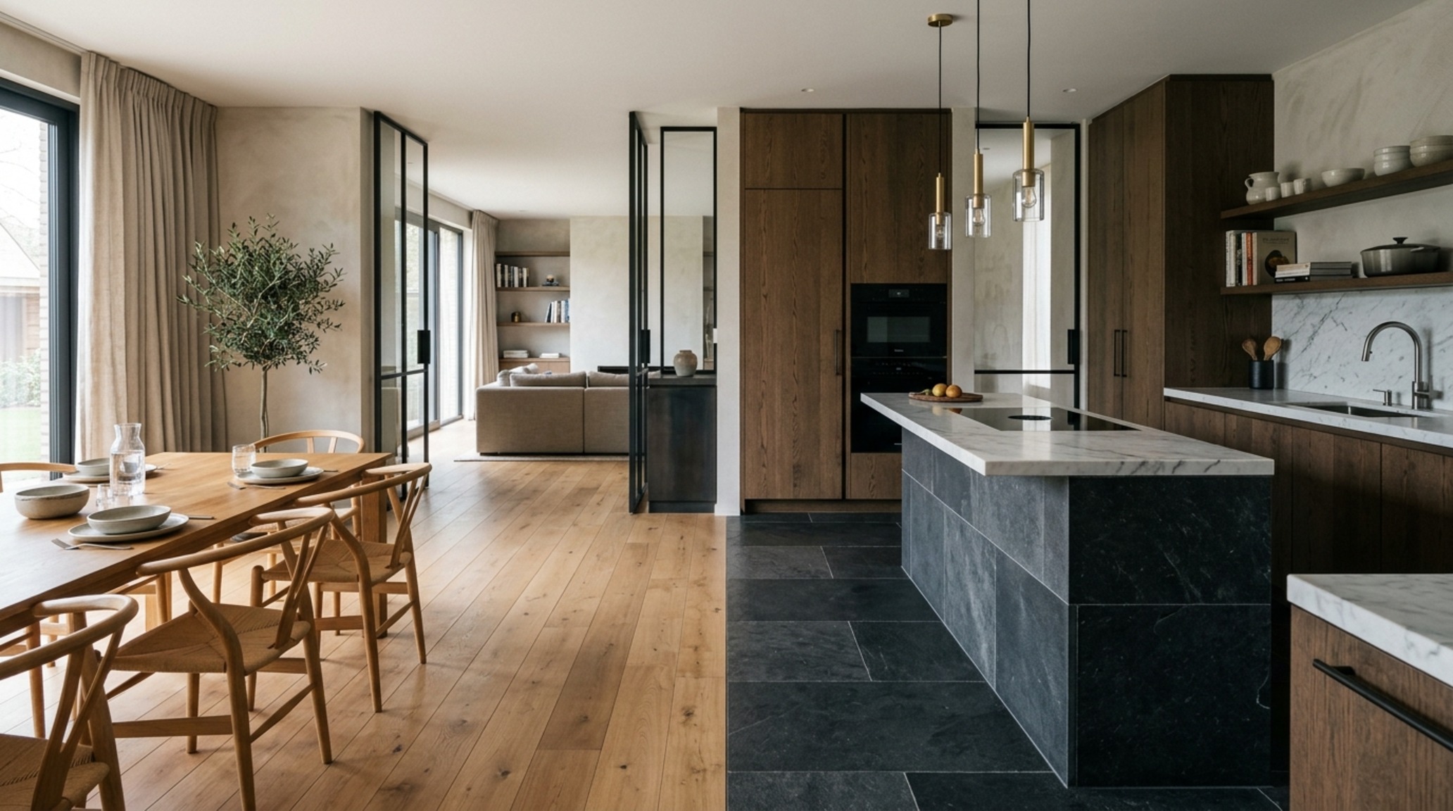 Open concept kitchen zoning with a focus on material transitions between fluted oak and dark slate floor tiles.