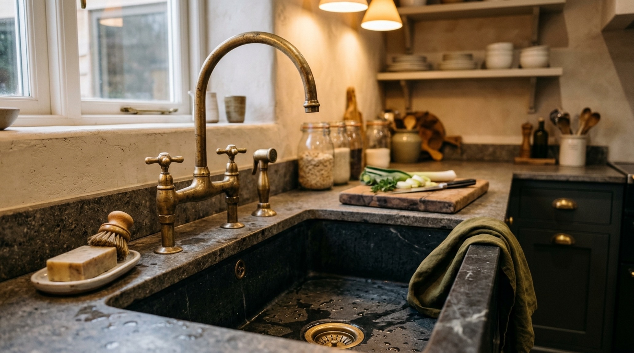 Ergonomic kitchen workstations with a focus on under-cabinet LED strip lighting and tactile brass hardware.