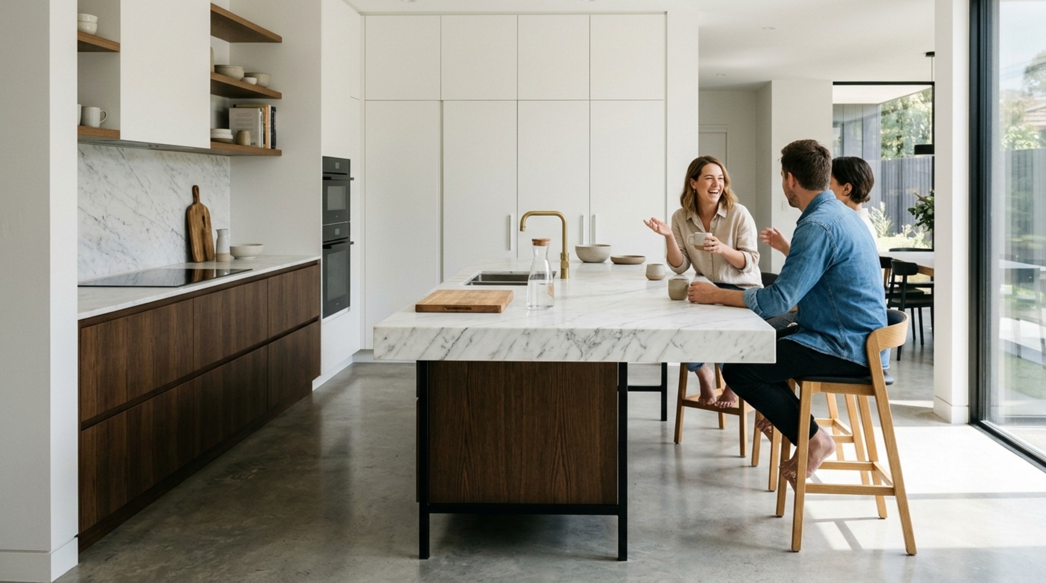 Kitchen island clearance featuring a cantilevered breakfast bar and minimalist stool seating in a contemporary setting.