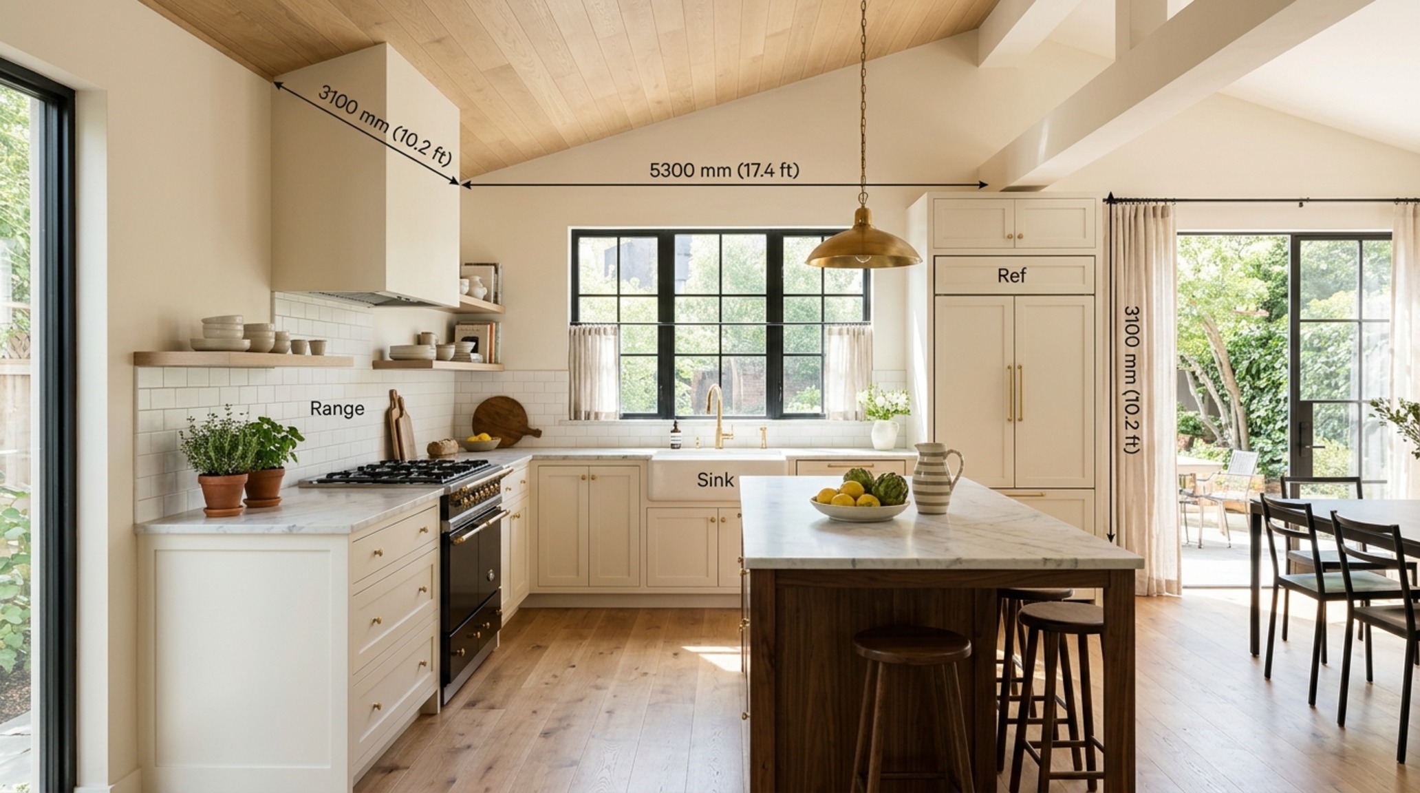 L-shaped kitchen dimensions optimized for a multi-functional family home featuring a seamless transition to a dining area.