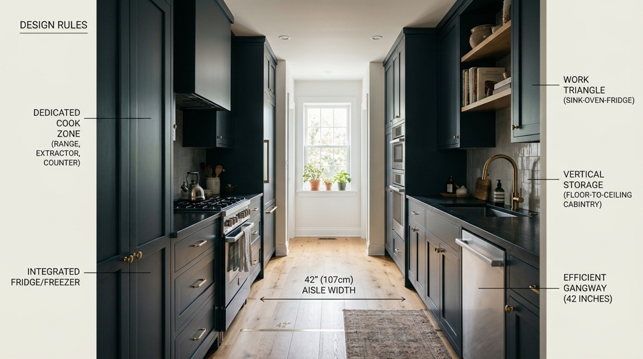 Galley kitchen design rules applied to a narrow urban space with full-height pantry storage and recessed 3000K task lighting.