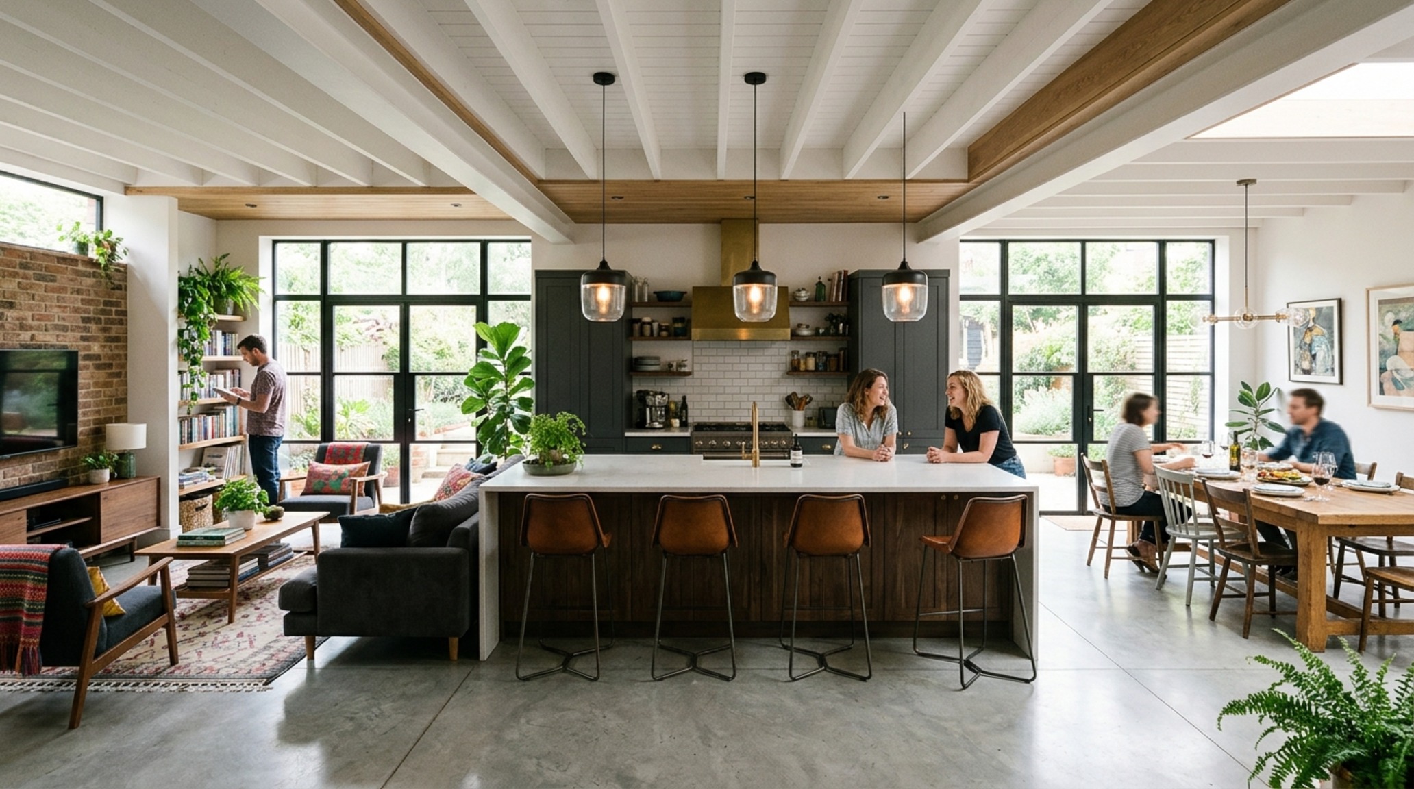 Open concept kitchen zoning using a large waterfall island and pendant lighting to define the culinary space in a loft.