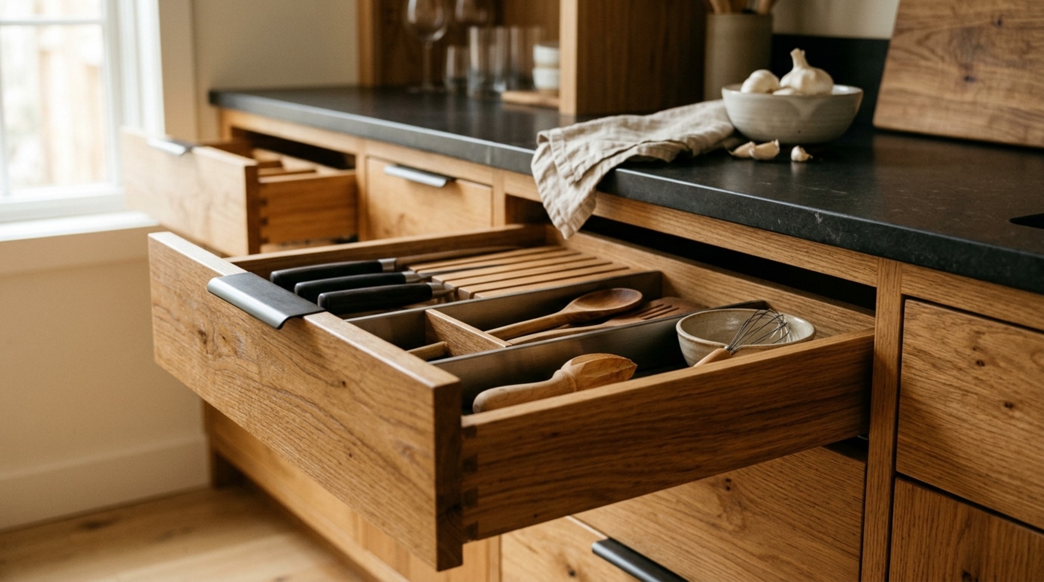 Ergonomic kitchen workstations featuring deep pull-out drawers and varied counter heights for multi-generational accessibility.