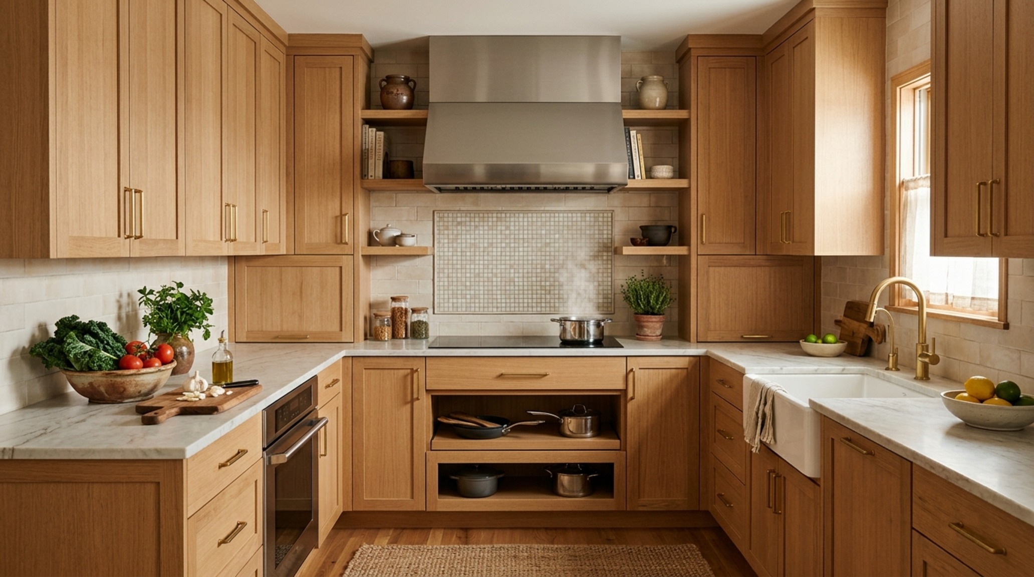 U-shaped kitchen efficiency showcasing a professional-grade range and custom ventilation hood in a transitional home.