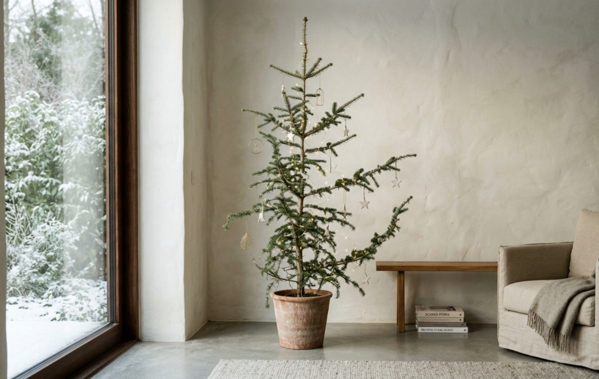 modern sculptural holiday tree trends featuring an asymmetrical sparse fir in a minimalist room with matte plaster walls and 2700K lighting