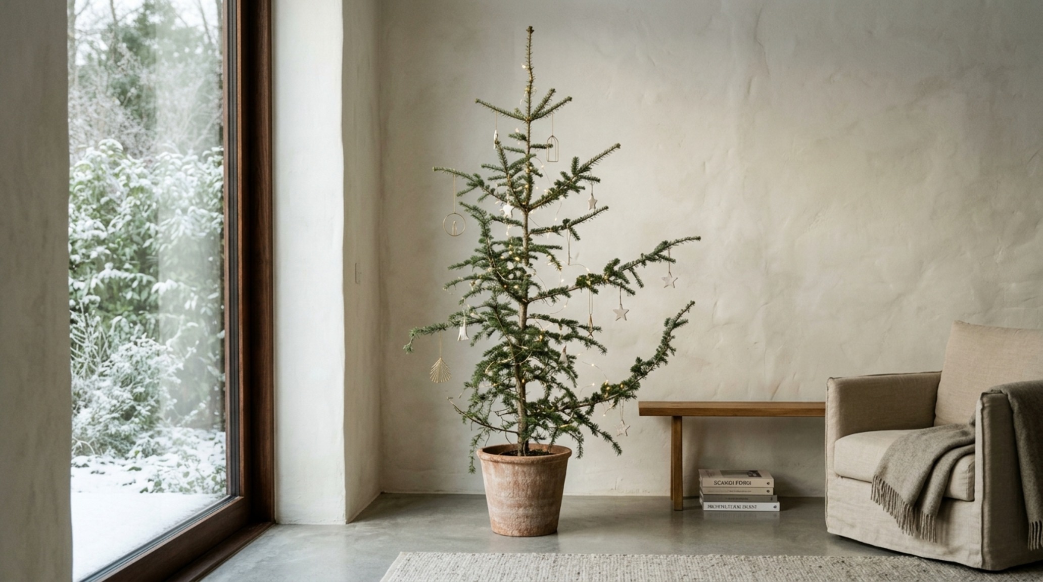 modern sculptural holiday tree trends featuring an asymmetrical sparse fir in a minimalist room with matte plaster walls and 2700K lighting modern sculptural holiday tree trends featuring an asymmetrical sparse fir in a minimalist room with matte plaster walls and 2700K lighting