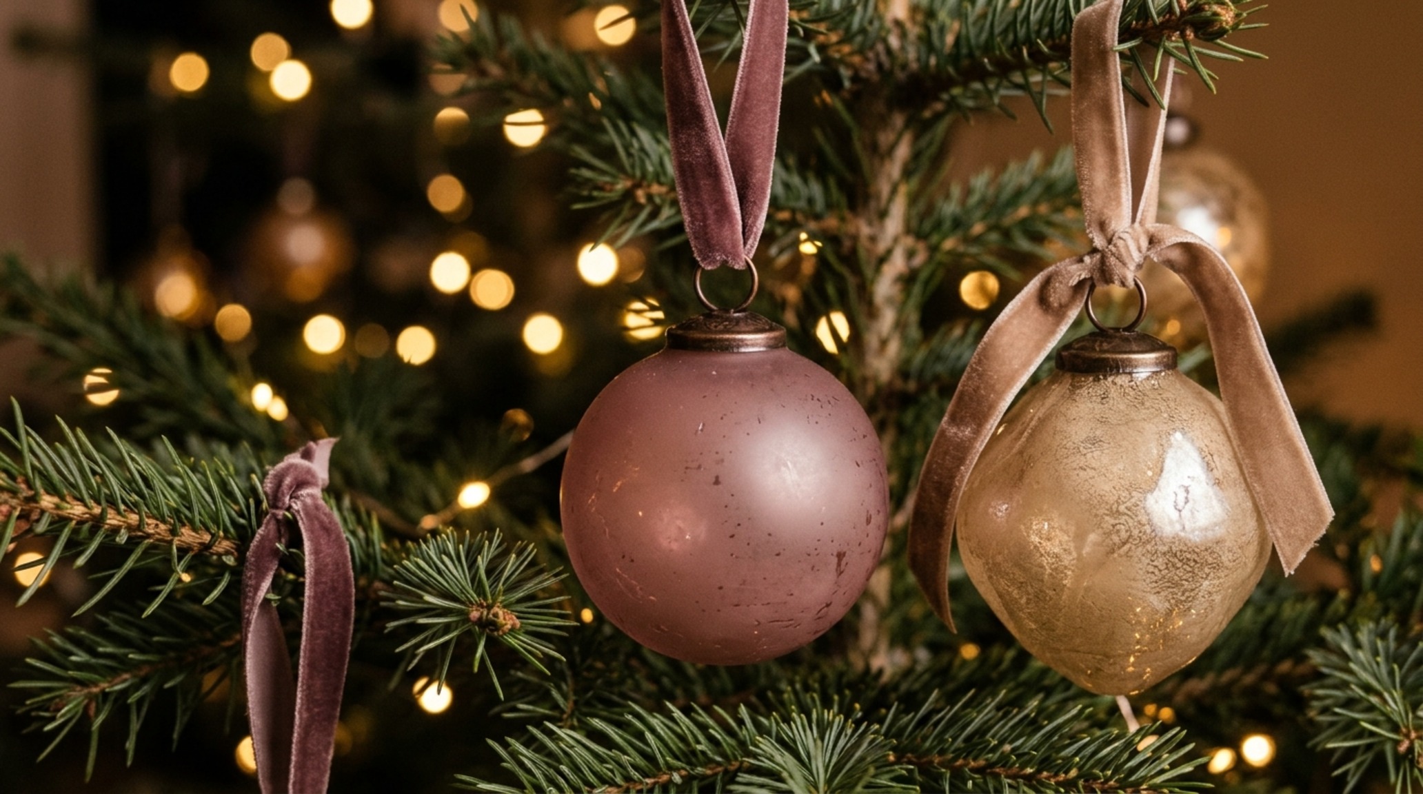 quiet luxury christmas tree ornaments including hand-blown glass spheres and velvet ribbons in muted earth tones on a soft pine branch quiet luxury christmas tree ornaments including hand-blown glass spheres and velvet ribbons in muted earth tones on a soft pine branch