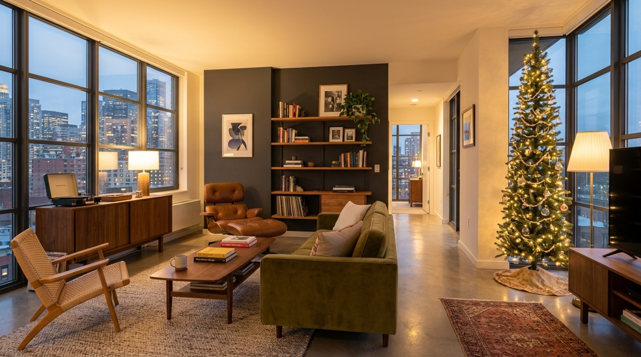 small living room tree placement guide showing a slender pencil tree in an urban apartment corner maintaining 36-inch walkway clearance small living room tree placement guide showing a slender pencil tree in an urban apartment corner maintaining 36-inch walkway clearance