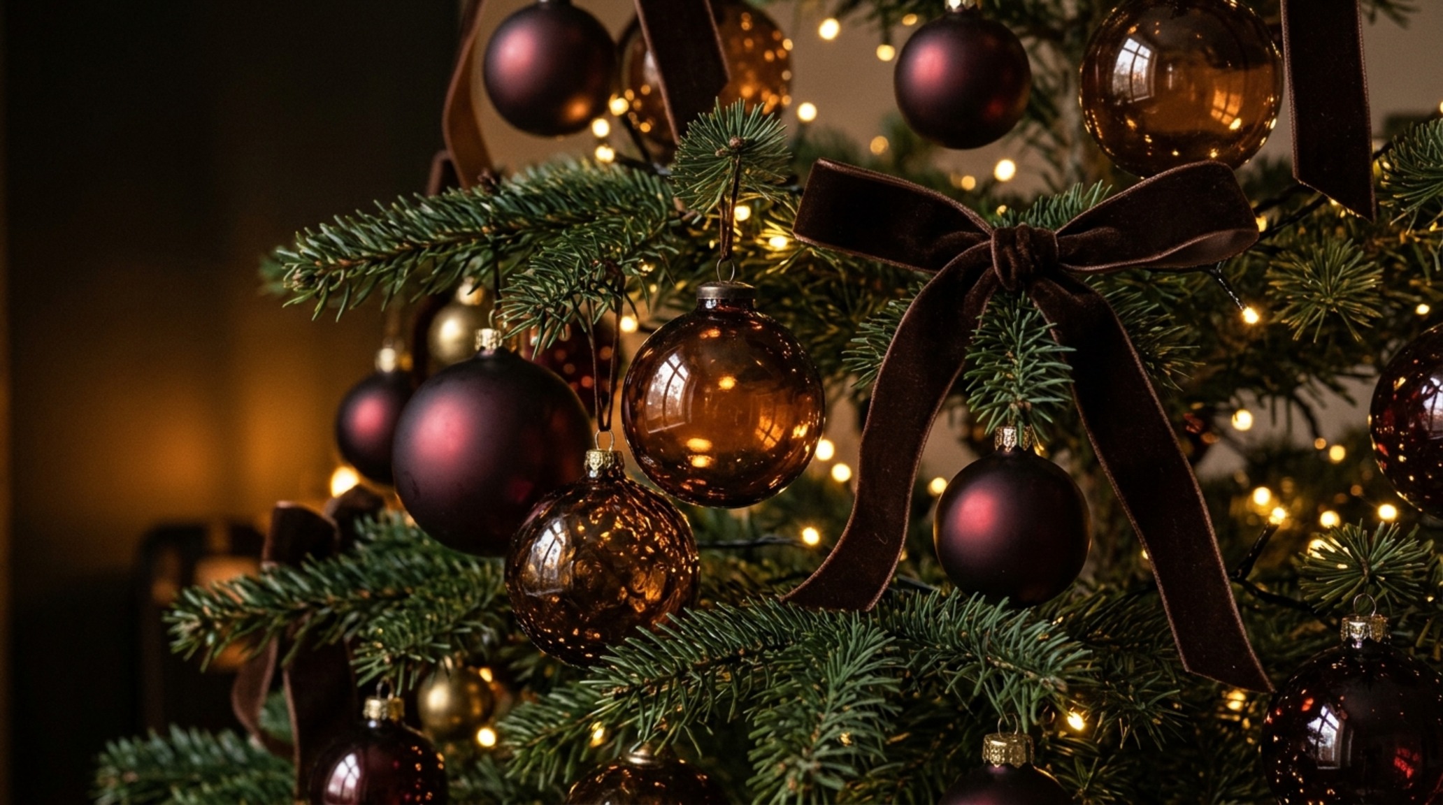 cherry cola christmas tree aesthetic showcasing deep oxblood and burgundy glass ornaments reflecting warm light on a dark moody evergreen cherry cola christmas tree aesthetic showcasing deep oxblood and burgundy glass ornaments reflecting warm light on a dark moody evergreen
