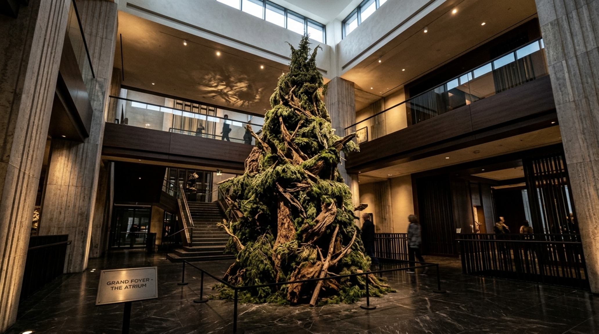 modern sculptural holiday tree trends with a focus on negative space and irregular branch structure in a high-ceilinged limestone foyer modern sculptural holiday tree trends with a focus on negative space and irregular branch structure in a high-ceilinged limestone foyer