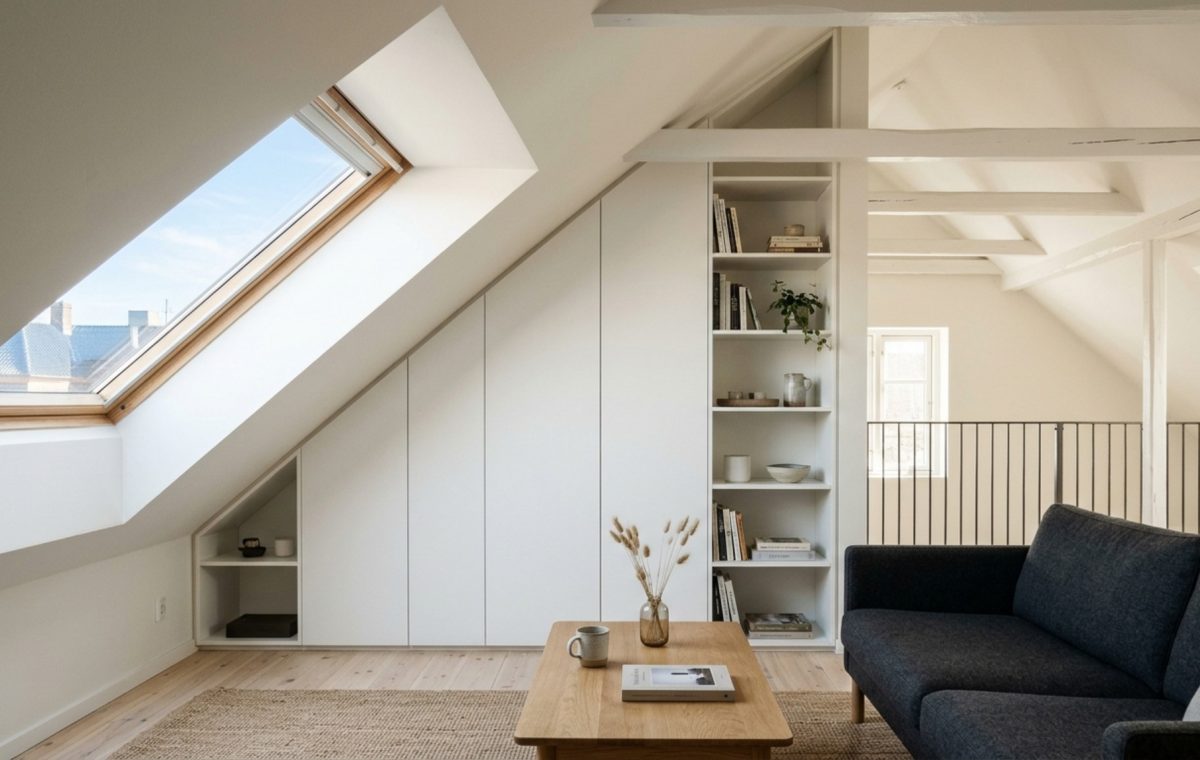 A bright Scandinavian loft attic conversion showcasing custom floor-to-ceiling invisible storage integrated into sloped ceilings, finished in Benjamin Moore Swiss Coffee for a seamless architectural look.