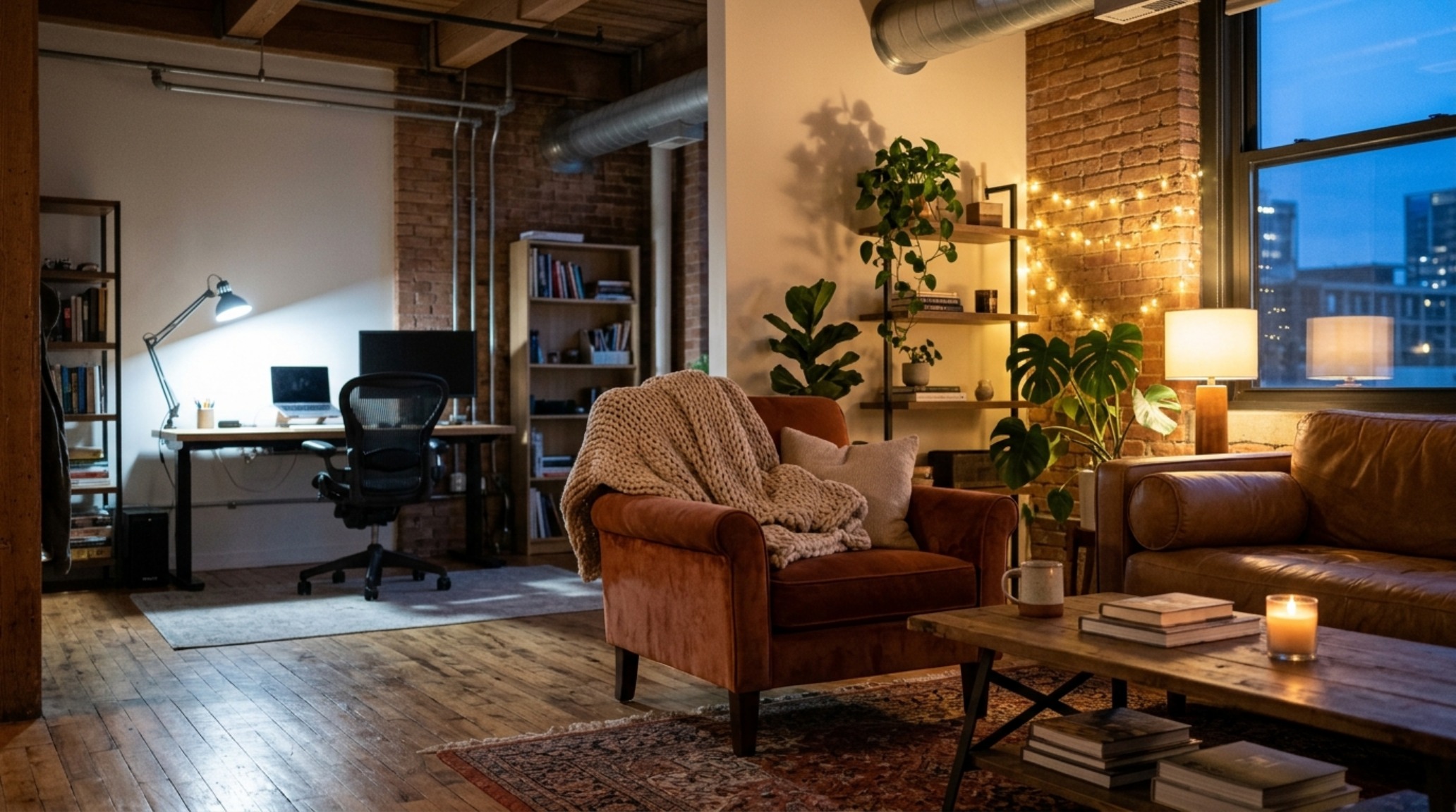 A multi-functional loft zone featuring a productive studio area with 3000K task lighting transitioning into a soft-minimalist lounge with 2700K warm ambient glow.
