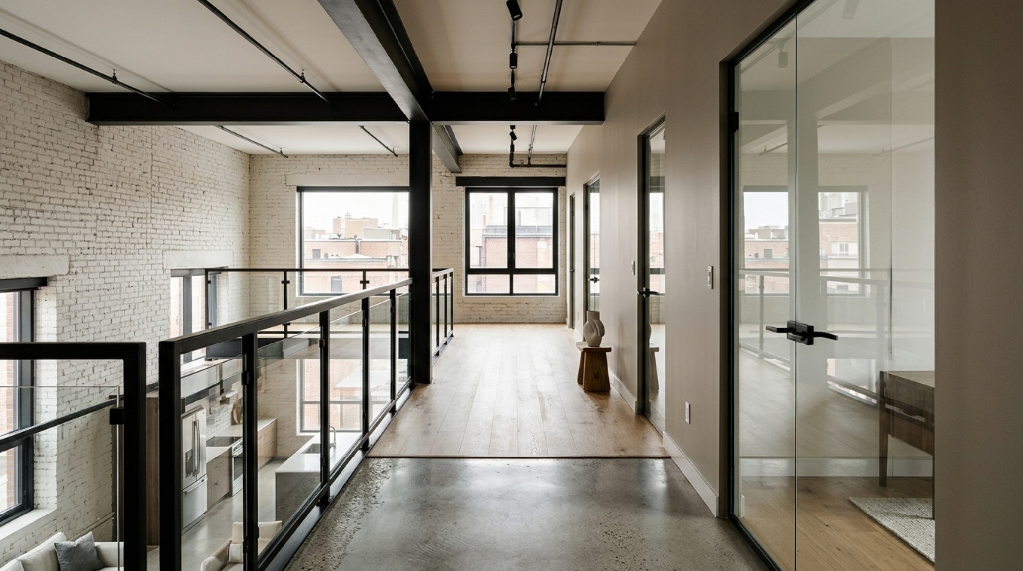 Minimalist open plan loft zoning using a texture-rich area rug and a low-slung credenza to define the dining area without obstructing the 360-degree views.