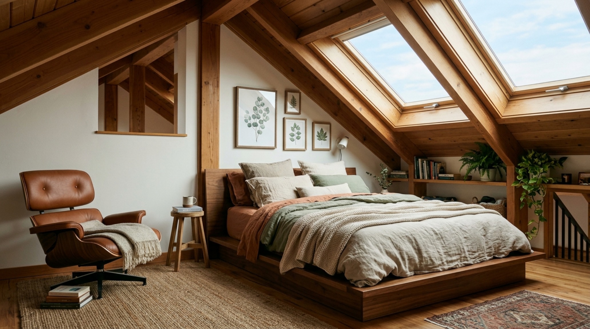 A cozy attic bedroom loft with skylights providing directional natural light, featuring organic modern furniture and neutral-toned bouclé textiles for a restorative retreat.