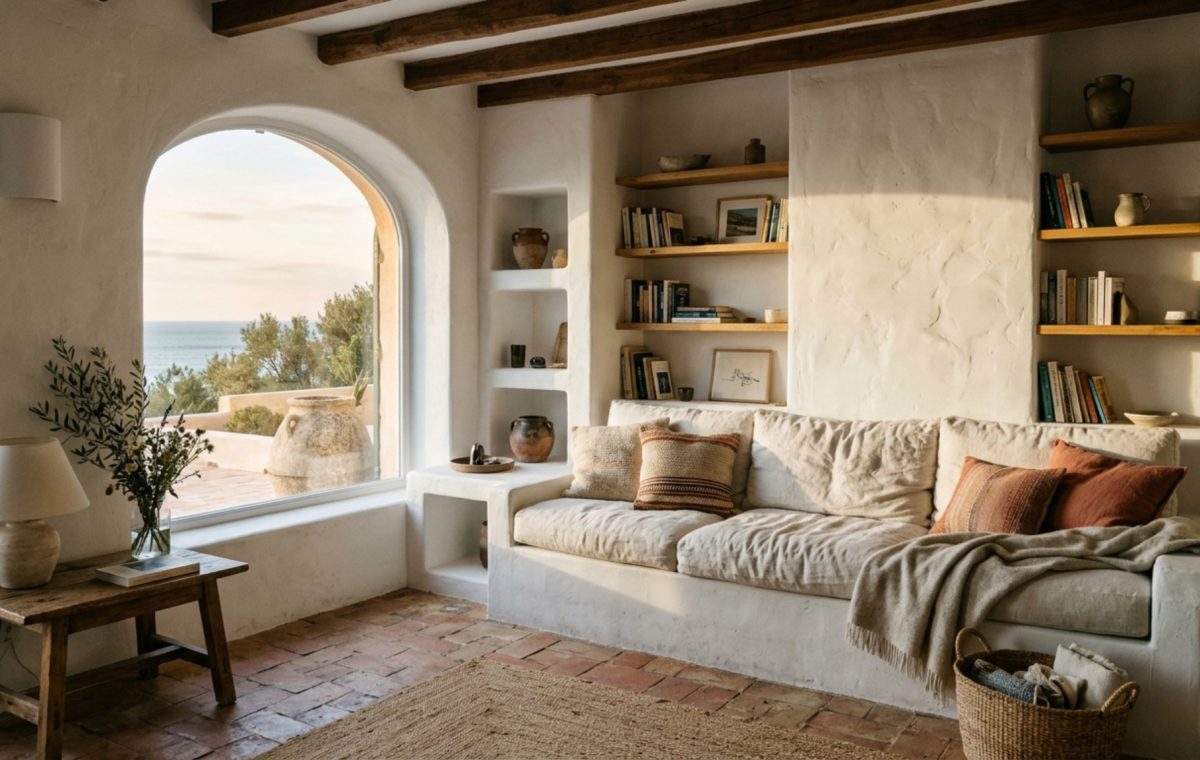 Neo-vernacular Mediterranean design featuring a monolithic built-in masonry sofa with raw linen cushions and a sculptural lime-plastered coffee table.
