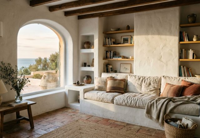 Neo-vernacular Mediterranean design featuring a monolithic built-in masonry sofa with raw linen cushions and a sculptural lime-plastered coffee table.